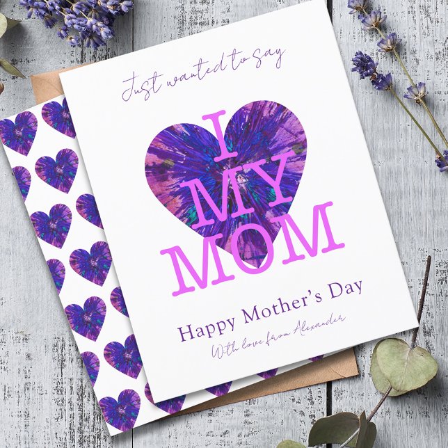 Citation pour la fête des mères j'aime ma maman cœ (I love my mom slogan purple heart art Mother’s Day card)