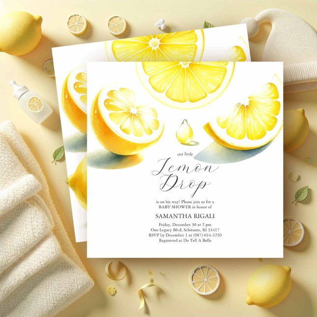 Citron Baby Shower Invitations Citron Drop Thème (Lemon baby shower invitations feature watercolor citrus art in shades of yellow for gender neutral)