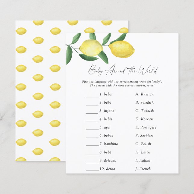 Citron - Bébé autour du monde Jeu de Baby Shower (Devant / Derrière)