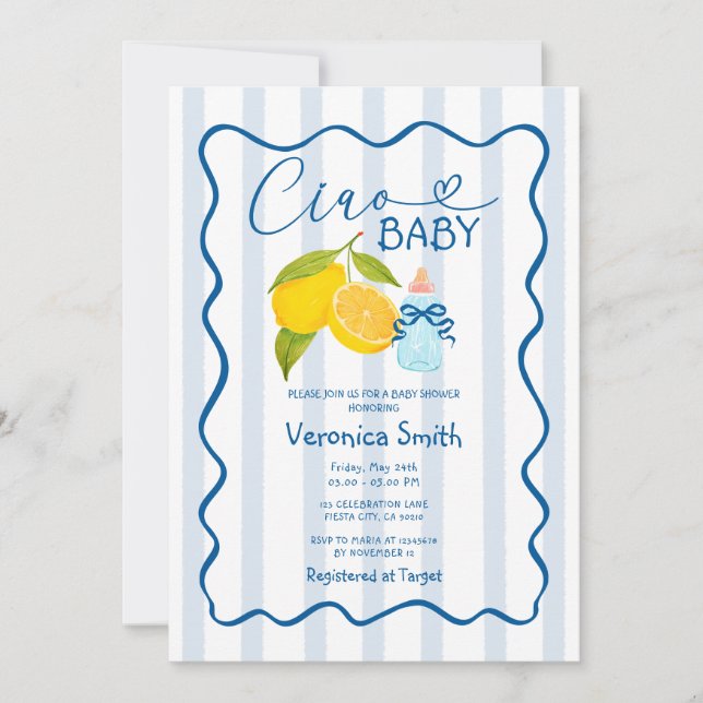 Citron bleu Italie Ciao Baby shower Invitation (Devant)