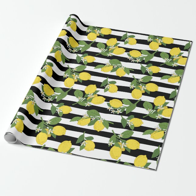 Citron Citrons Jaune Rayures Noires Papier Cadeau (Déroulé)