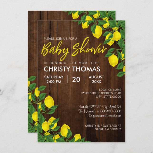 Citron en bois été | INVITATION BABY SHOWER (Devant / Derrière)