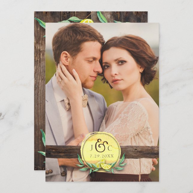 Citron en bois rustique du FAIRE-PART DE MARIAGE | (Devant / Derrière)