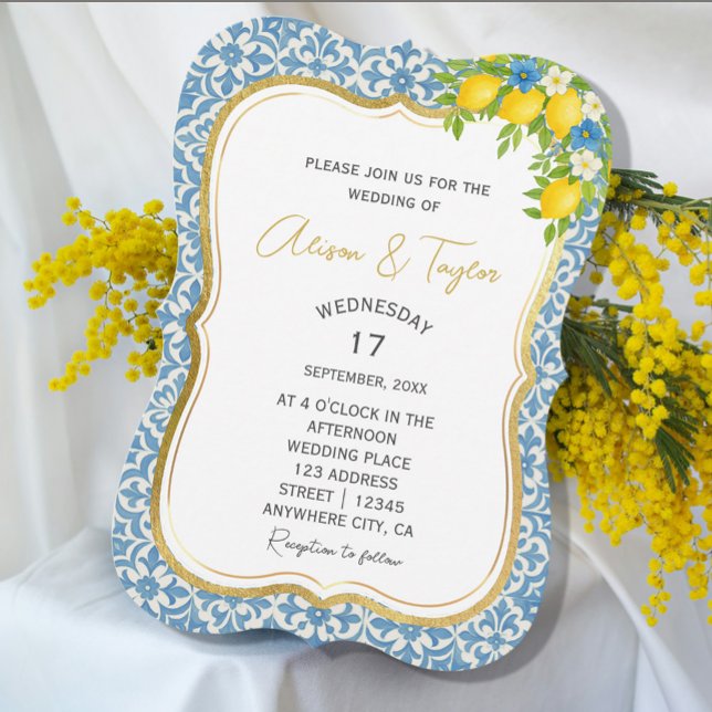 Citron et Faire-part de mariage de carrelage bleu (Mediterranean Lemon & Blue Tile Wedding Invitation #zazzlemade #lemoninvitation #yellowandblue #chic)