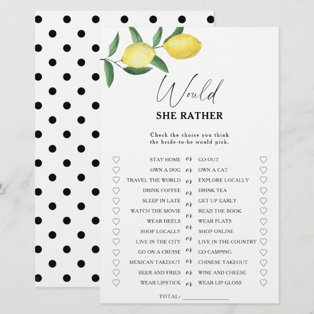 Citron - Jeu de baby shower pour la mariée (Devant / Derrière)