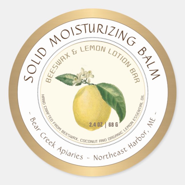 Citron Parfumé cire d'abeille Lotion Bar étiquette (Devant)