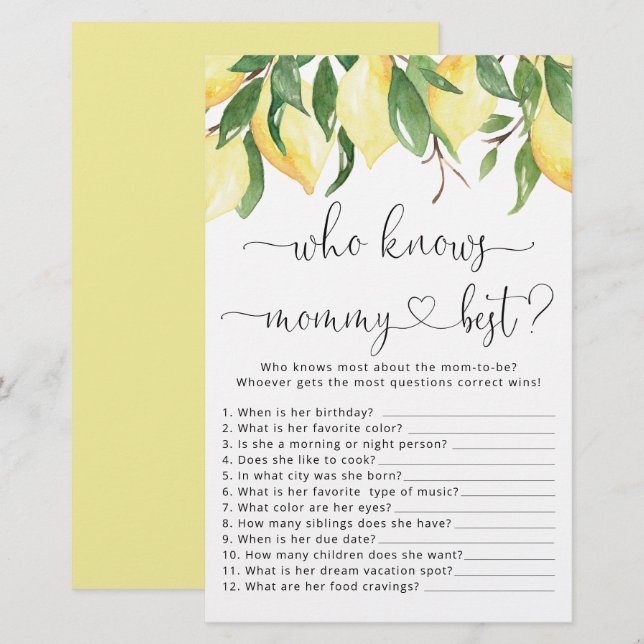 Citron Qui Connaît Maman Meilleur Baby shower Jeu (Devant / Derrière)