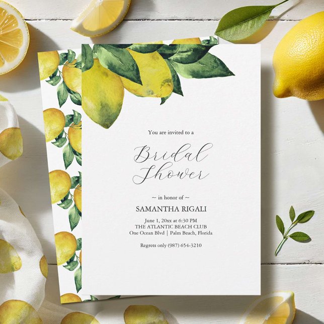 Citron thème Douche nuptiale Invitations Impressio (Lemon themed bridal shower invitations designed by Victoria Grigaliunas watercolor artist.)