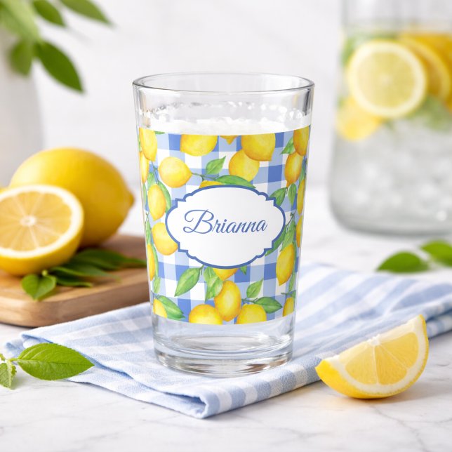 Citrons & Gingham Bleu Verre Personnalisé (Créateur téléchargé)