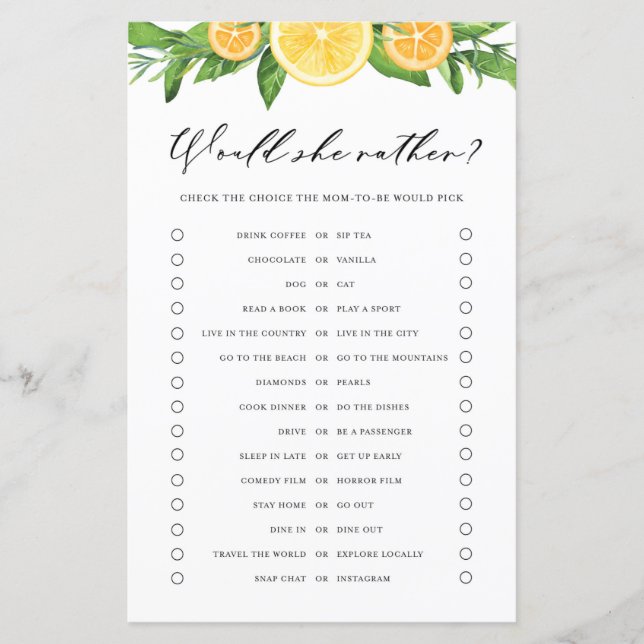 Citrons Oranges Adoud Elle Plutôt Baby shower Jeu (Devant)