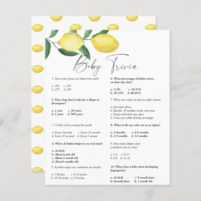 Citrons - Trivia bébé | Jeu Baby shower (Devant / Derrière)