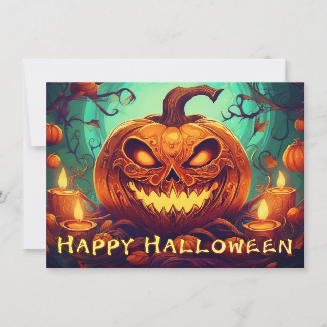 Citrouille à visage effrayant parmi les bougies, H (Devant)