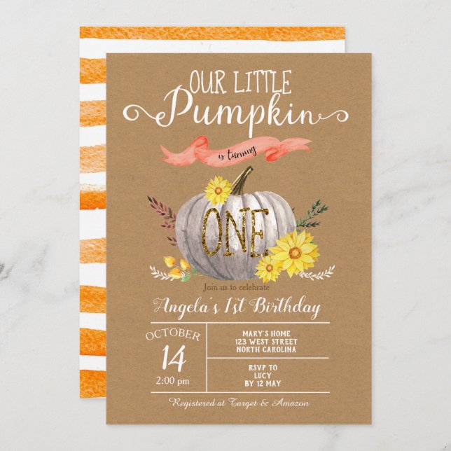 Citrouille Automne 1er anniversaire Invitation (Devant / Derrière)