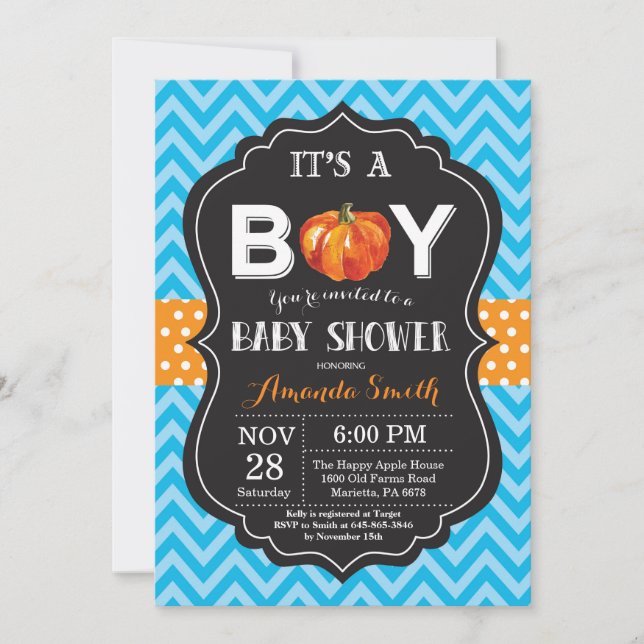 Citrouille Automne Baby shower Invitation Blue Che (Devant)
