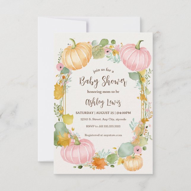 Citrouille automne Baby shower invitation rose et  (Devant)