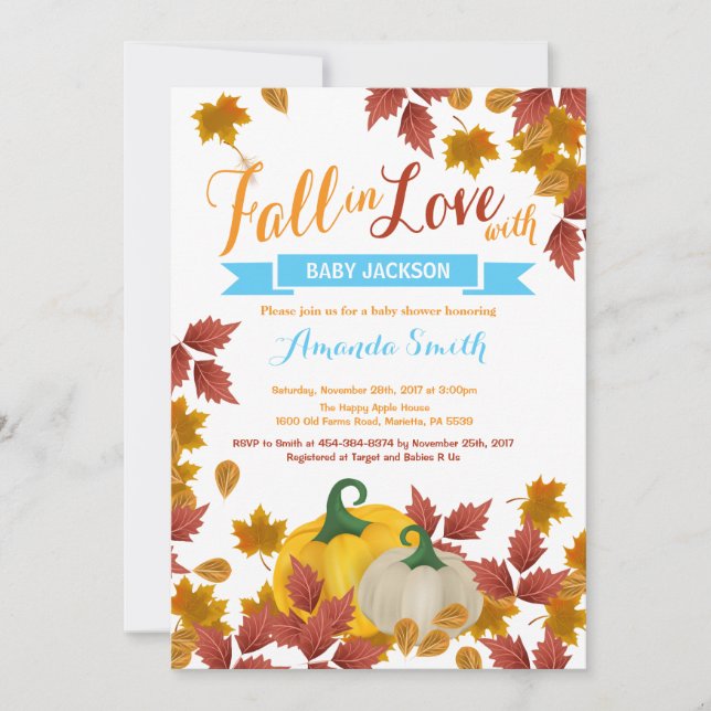 Citrouille Automne Blue Boy Baby shower invitation (Devant)