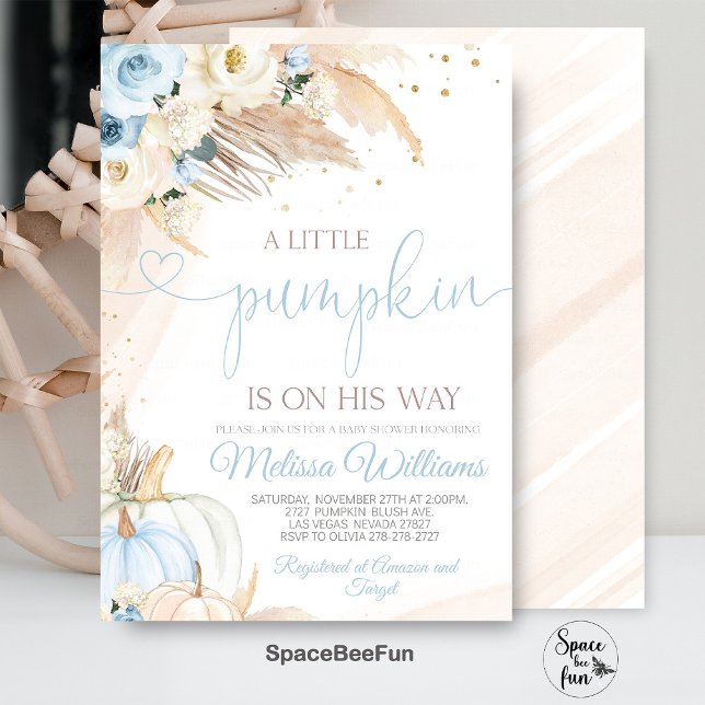 Citrouille Baby shower Invitation Boy Boho Pampas (Pumpkin Baby Shower Invitation Girl, Boho Pampas Little Pumpkin Shower Invites, Fall Autumn )