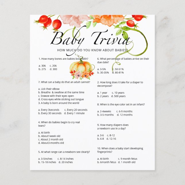 Citrouille Baby Trivia Baby shower Jeu (Devant)