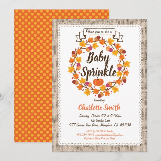 Citrouille bébé saupoudrer invitation burlap wreat (Devant / Derrière)