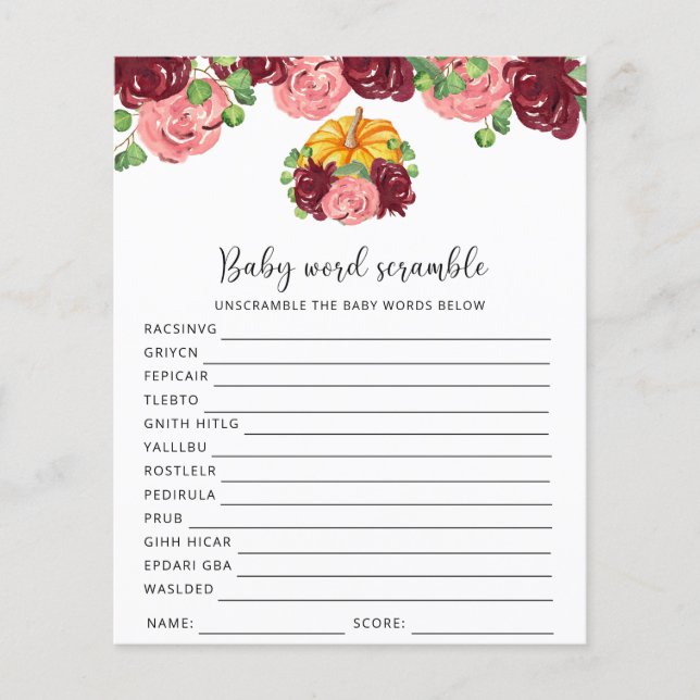 Citrouille - Bébé Word Scramble | Jeu Baby shower (Devant)