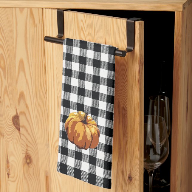 Citrouille Black Buffalo Check serviette de cuisin (Pliage en tiers)