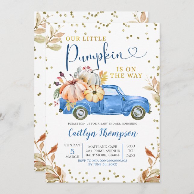 Citrouille bleu Baby shower de camion Invitation (Devant / Derrière)