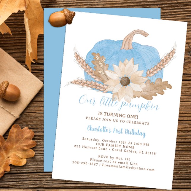 Citrouille bleu Premier anniversaire Invitation (blue pumpkin fall birthday party invitation)