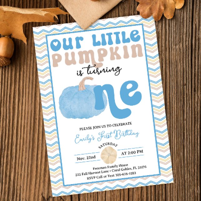 Citrouille bleu rétro Invitation d'anniversaire (Retro Typography Blue Pumpkin Our Little Pumpkin Birthday Invitation)