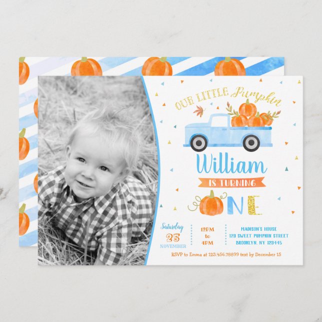 Citrouille Blue Truck First Birthday Invitations G (Devant / Derrière)