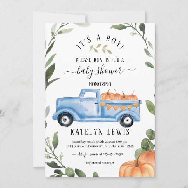 Citrouille Boy Baby shower Invitation avec camion (Devant)