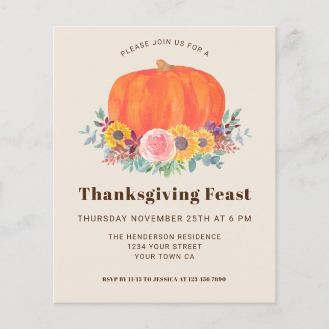 Citrouille Budget Thanksgiving Diner Invitation (Devant)