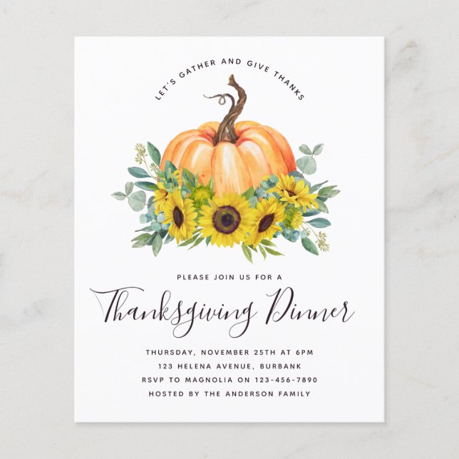 Citrouille Budget Thanksgiving Diner Invitation (Devant)