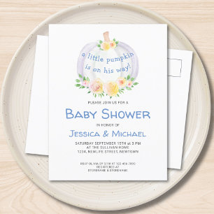 Citrouille Couples Baby shower bleu Carte postale