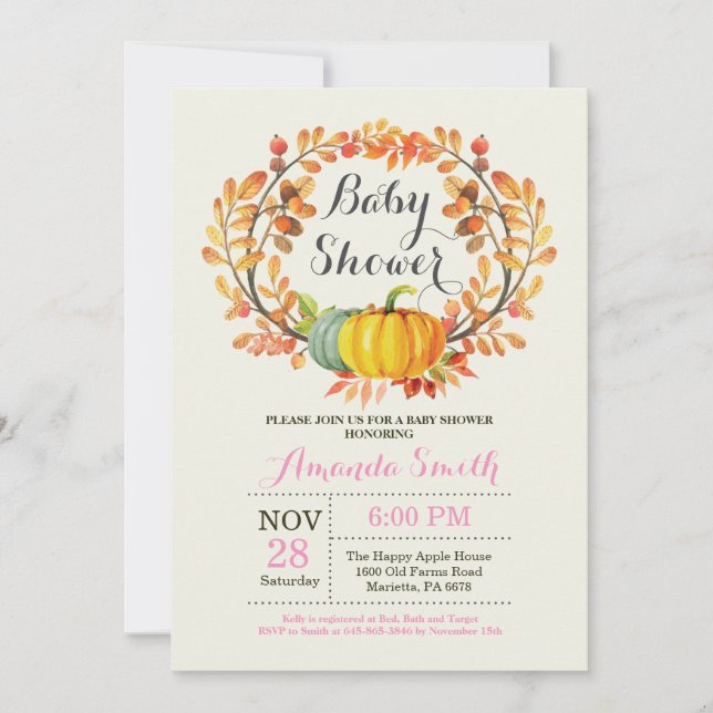 Citrouille d'automne Baby shower fille carte d'inv (Devant)
