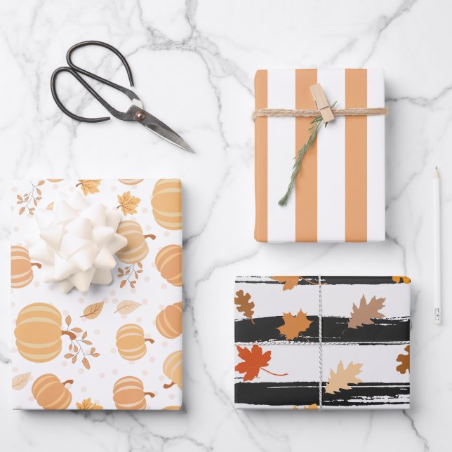 Citrouille d'automne et feuilles Pastel Stripes (Recto)