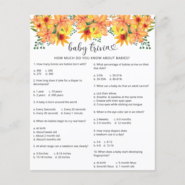 Citrouille d'automne Trivia | Jeu Baby shower (Devant)