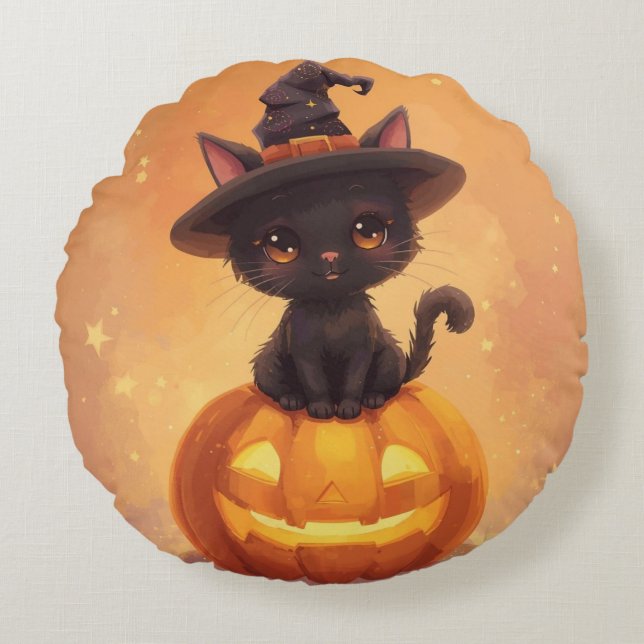 Citrouille de chat noir ronde Coussin d'Halloween (Devant)