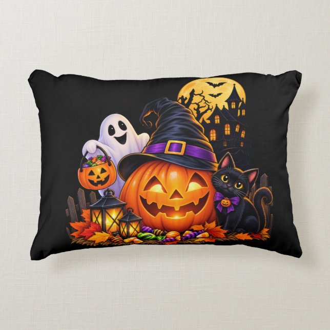 Citrouille d'Halloween et Coussin de Chat Noir (Devant)