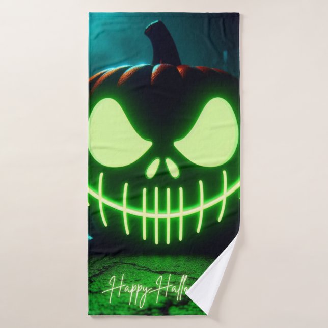 Citrouille d'Halloween lumineuse verte effrayante (Serviette de bain)