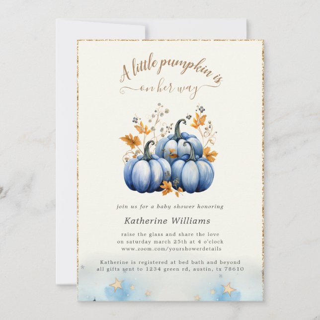 Citrouille d'or bleu Invitation Baby shower d'auto (Devant)