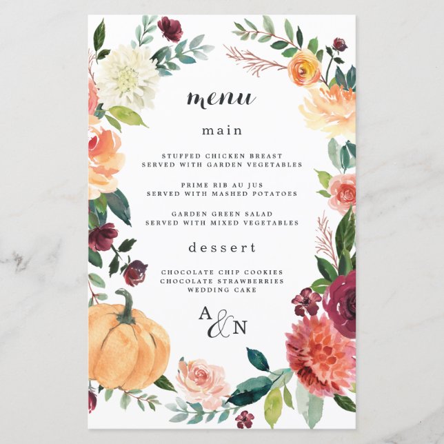 Citrouille Elegant Automne Floral Mariage Cartes d (Devant)