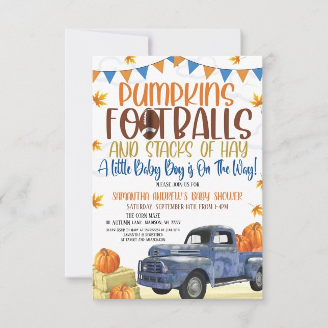 Citrouille et Footballs Boy Baby shower Invitation (Devant)