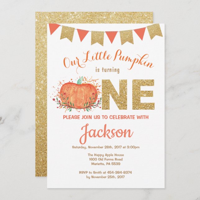 Citrouille Fall Birthday Invitation Gold Parties s (Devant / Derrière)
