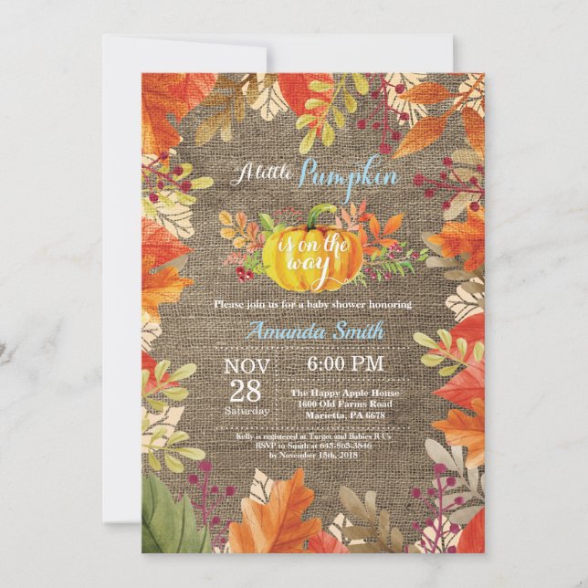 Citrouille Fall Burlap Invitation Baby shower de g (Devant)