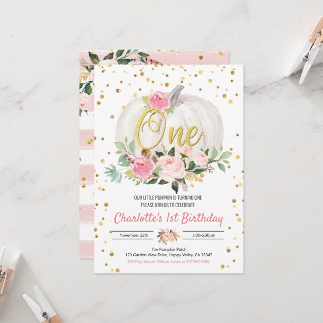 Citrouille fille 1er anniversaire fête rose Invita (Devant/Arrière en situation)
