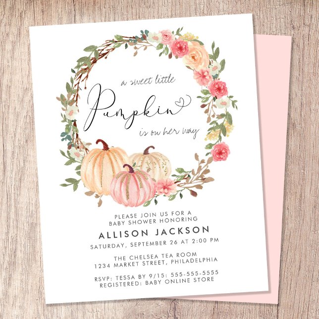 Citrouille Floral Aquarelle fille Baby shower Invi (Celebrate the upcoming arrival of your sweet little autumn baby with a pumpkin-themed baby shower)