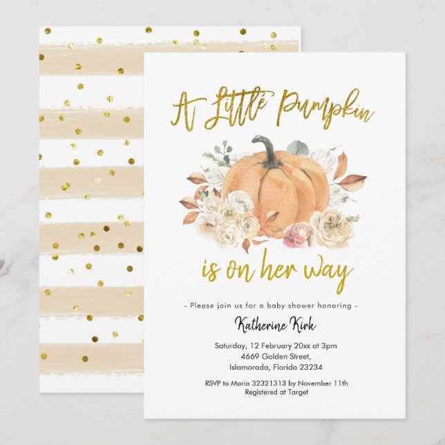 Citrouille Floral Girl Baby shower Invitation (Devant / Derrière)