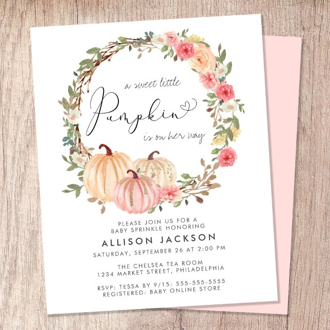 Citrouille Floral Girl Baby Sprinkle Invitation (Celebrate the upcoming arrival of your sweet little autumn baby with a pumpkin-themed baby sprinkle)