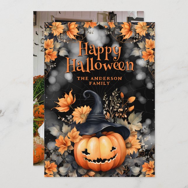 Citrouille Floral Photo Bonne Carte Halloween (Devant / Derrière)