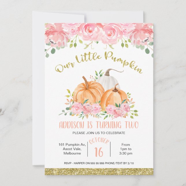 Citrouille Floral Rose Or Invitation Anniversaire (Devant)